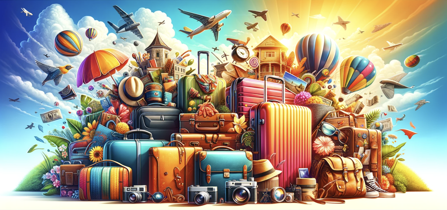 illustrating the theme of travel gear for a spring break journey. It captures a variety of suitcases, bags, and essential travel accessories, set against a backdrop that evokes the excitement and preparation for an extraordinary journey