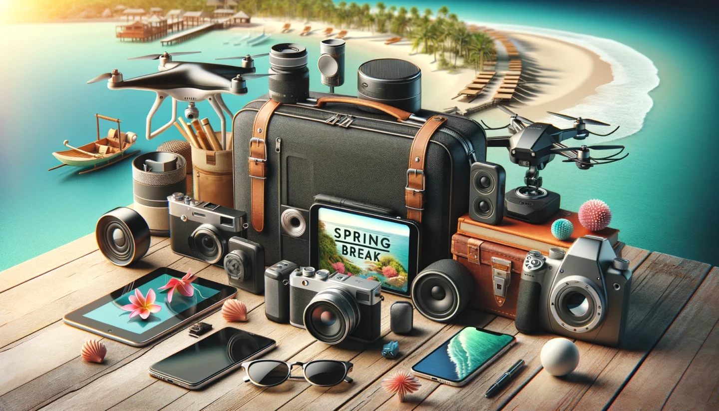 theme of Spring Break Tech Essentials. It showcases a selection of technology and gadgets, arranged to convey both adventure and relaxation, perfect for enhancing a spring break voyage