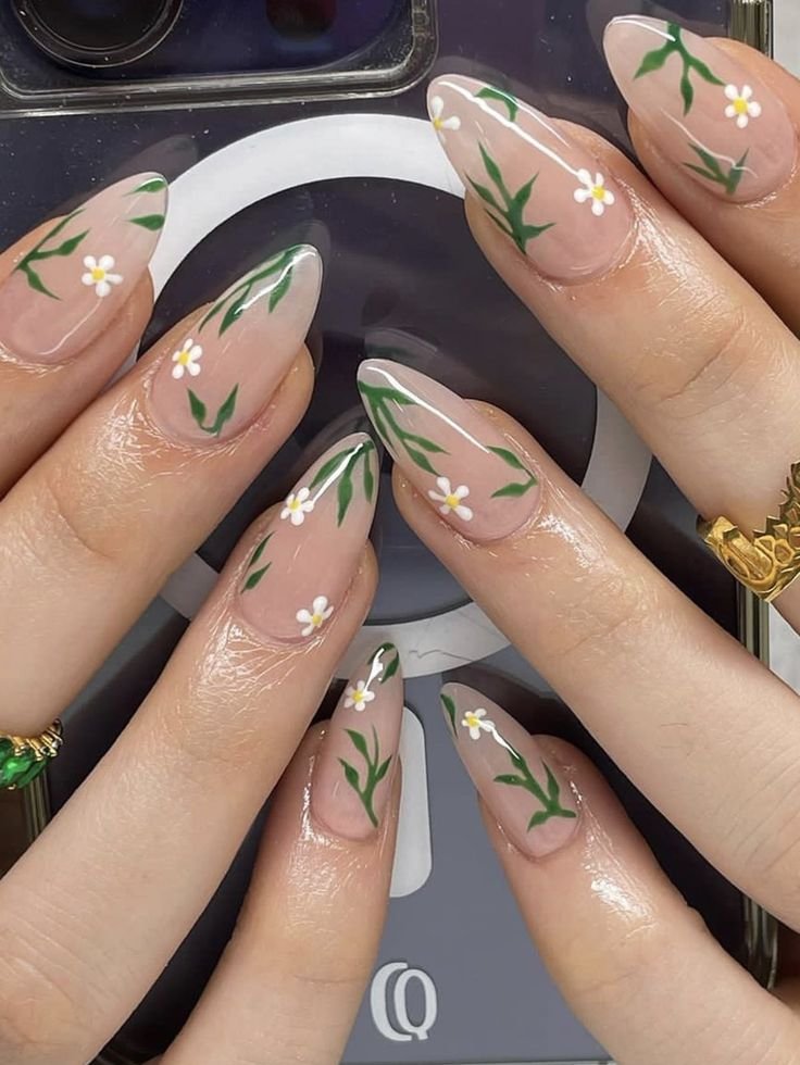 floral white and green nails